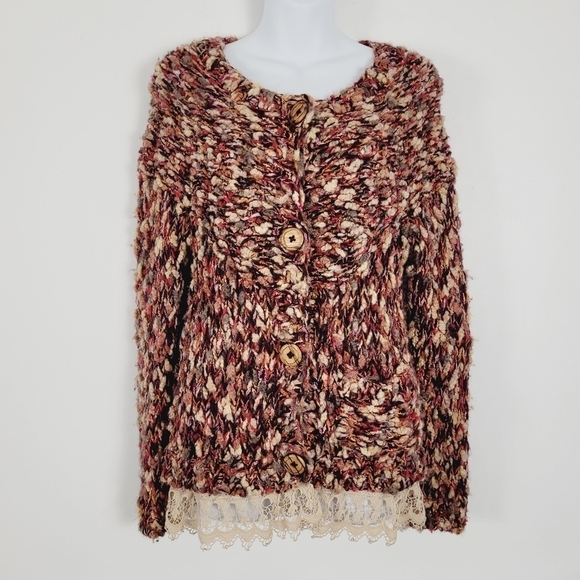 HWR Anthropologie Chunky Knit Lace Trim Wooden Button Cardigan - Picture 1 of 8